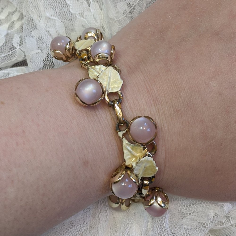 VTG pink moonstone & enamel leaves bracelet